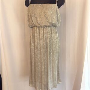 Zara Basic Shimmering Silver Spaghetti Strap Flowy Midi Dress